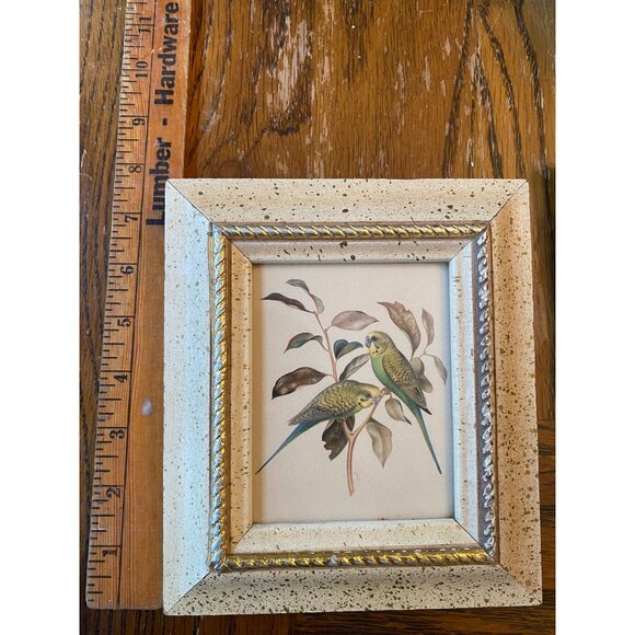 Vintage Speckled Gold Frame With Parakeet Print Art - Picture 2 of 4